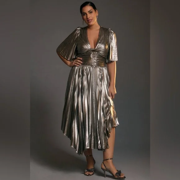 Anthropologie Short-Sleeve Metallic Cutout Midi Dress Holiday Party Pleated 1X - Picture 6 of 8
